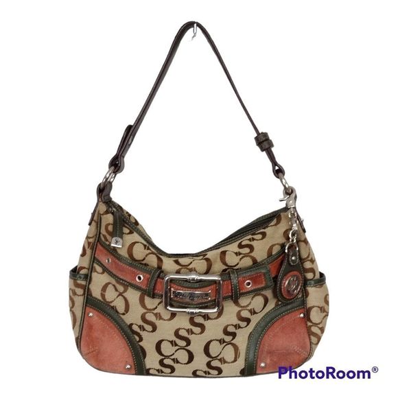 Sophia Caperelli  Brown & Tan Canvas Satchel With Rust & Green Leather Trim - Picture 1 of 10